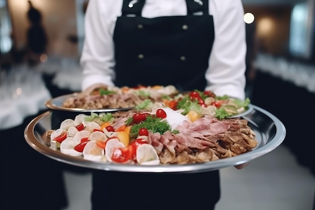 Un serveur portant des assiettes avec un plat de viande