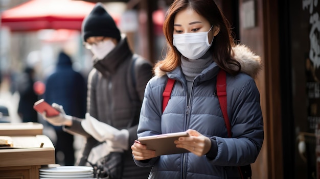 Un serveur portant un masque vérifie les cases du livreur de nourriture au point de retrait du restaurant et évite de commander en ligne pendant l39épidémie de coronavirus ou de COVID19