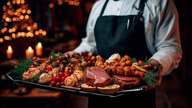 Un serveur professionnel portant un plateau avec des plats de viande savoureux lors d'un événement festif AI générative
