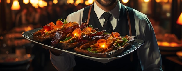 Un serveur professionnel portant un plateau avec des plats de viande savoureux