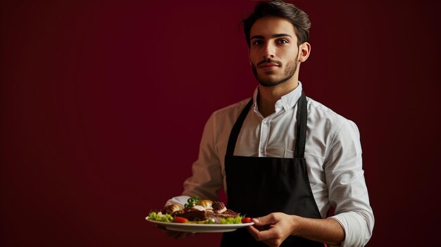 Un serveur professionnel qui sert de la nourriture délicieuse avec un sourire.