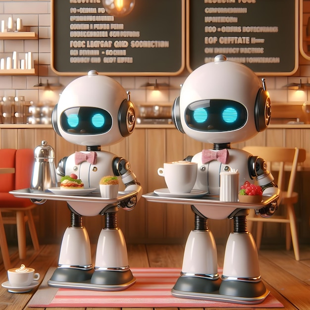 Un serveur robot mignon dans un restaurant 8K réaliste