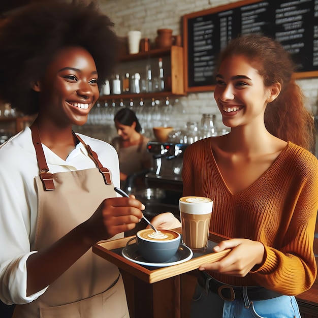 Le serveur et la serveuse servent du café.