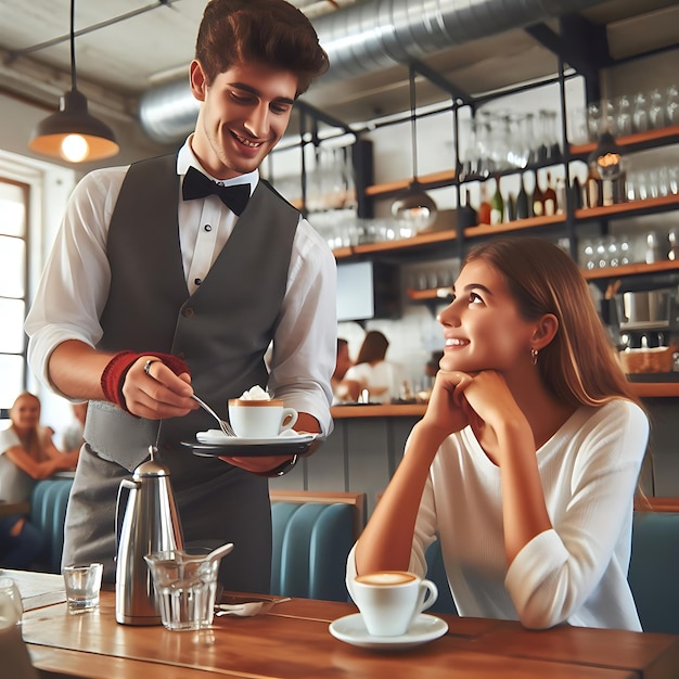 Le serveur et la serveuse servent du café.