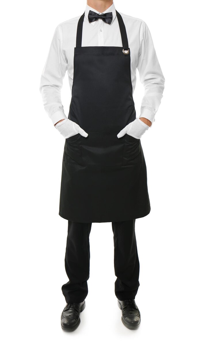 Photo serveur en tablier noir sur fond blanc