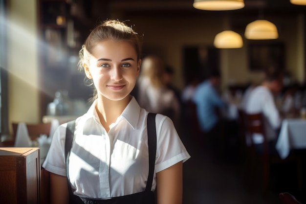 Une serveuse dans un café enfile son uniforme avec confiance