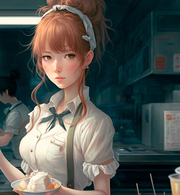 Une serveuse dans un café de style anime