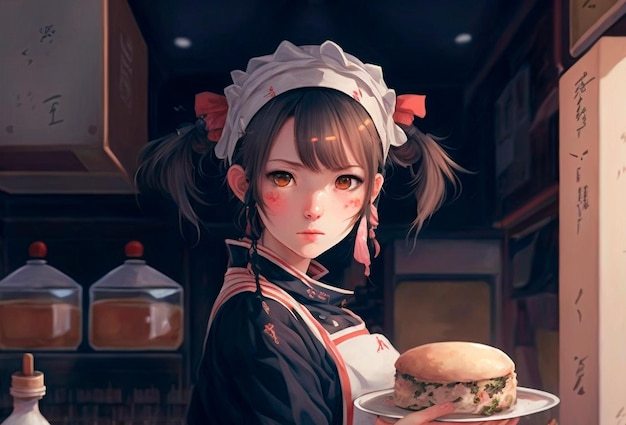 Une serveuse dans un café de style anime