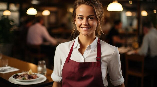 une serveuse debout dans un restaurant avec une assiette de nourriture