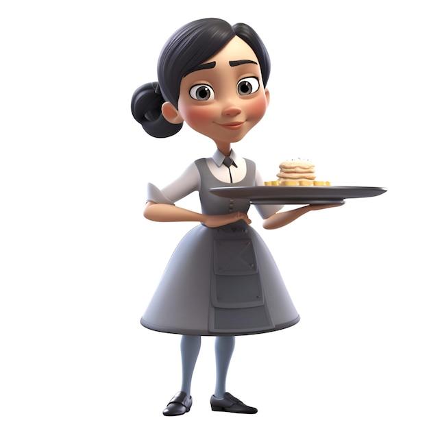 Une serveuse de dessins animés tenant un plateau avec une illustration de gâteau sur un fond blanc isolé