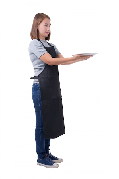 Serveuse, Livreuse Ou Servicewoman En Chemise Grise Et Tablier Isolé Sur Fond Blanc