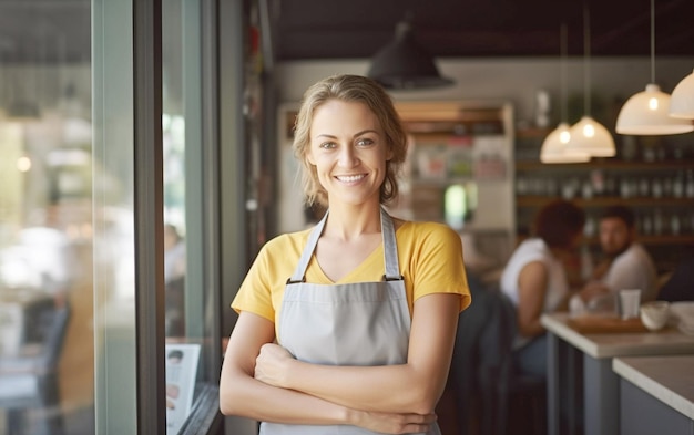 Photo une serveuse mature et joyeuse accueille les clients au café.