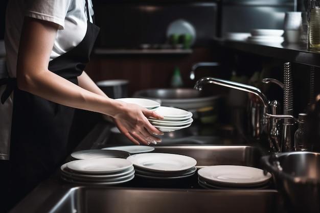 Serveuse méconnaissable lave-vaisselle dans la cuisine du restaurant