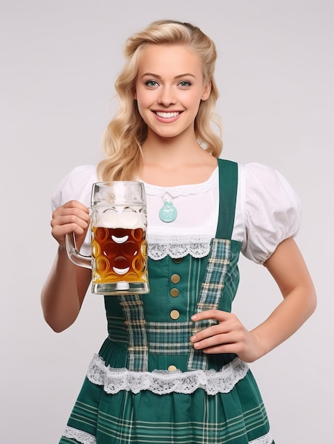Une serveuse de l'Oktoberfest tenant deux grands verres de bière vêtue d'une robe bavaroise traditionnelle