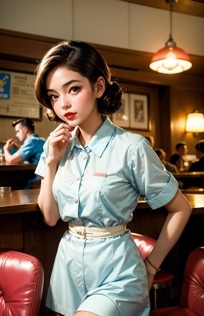 Photo une serveuse de pin-up dans un café rétro une belle fille des années 50 et 40 une belle pin-up travaille dans