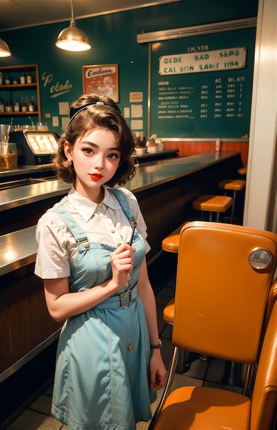 Une serveuse de pin-up dans un café rétro Une belle fille des années 50 et 40 Une belle pin-up travaille dans