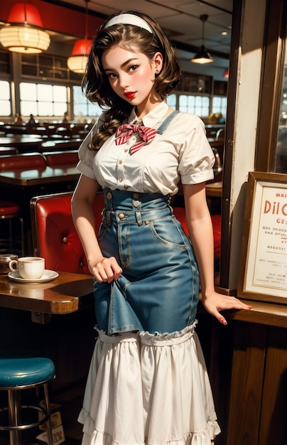 Photo une serveuse de pin-up dans un café rétro une belle fille des années 50 et 40 une belle pin-up travaille dans