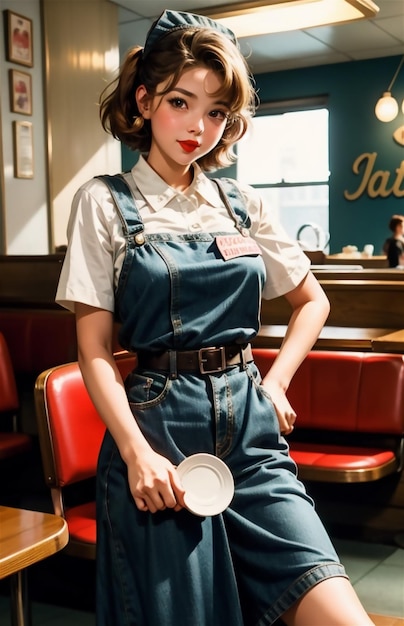 Une serveuse de pin-up dans un café rétro Une belle fille des années 50 et 40 Une belle pin-up travaille dans