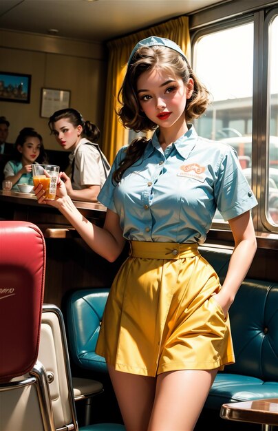 Photo une serveuse de pin-up dans un café rétro une belle fille des années 50 et 40 une belle pin-up travaille dans