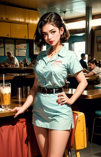 Photo une serveuse de pin-up dans un café rétro une belle fille des années 50 et 40 une belle pin-up travaille dans