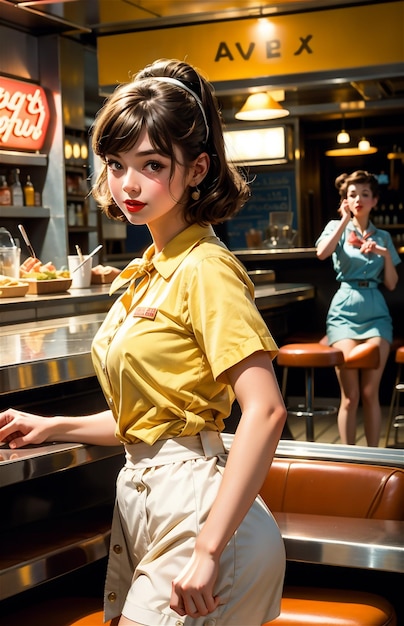 Une serveuse de pin-up dans un café rétro Une belle fille des années 50 et 40 Une belle pin-up travaille dans