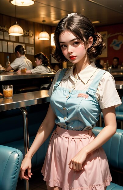 Photo une serveuse de pin-up dans un café rétro une belle fille des années 50 et 40 une belle pin-up travaille dans