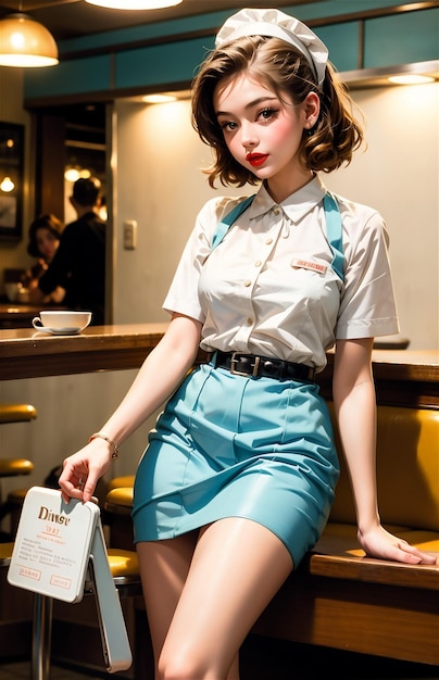 Photo une serveuse de pin-up dans un café rétro une belle fille des années 50 et 40 une belle pin-up travaille dans