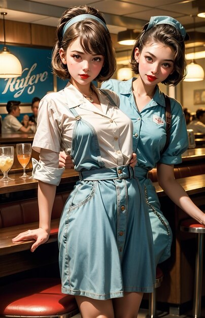 Une serveuse de pin-up dans un café rétro Une belle fille des années 50 et 40 Une belle pin-up travaille dans