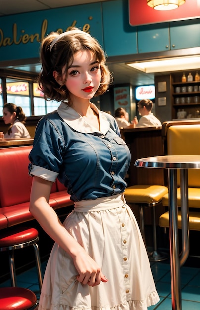 Une serveuse de pin-up dans un café rétro Une belle fille des années 50 et 40 Une belle pin-up travaille dans