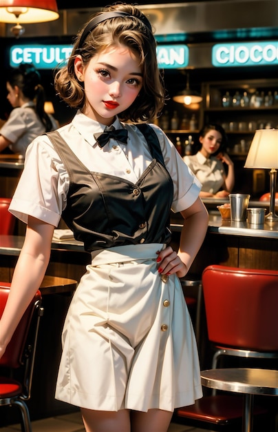 Une serveuse de pin-up dans un café rétro Une belle fille des années 50 et 40 Une belle pin-up travaille dans