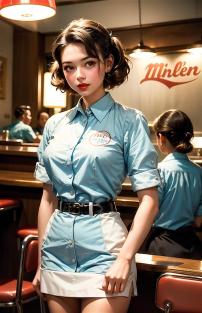 Photo une serveuse de pin-up dans un café rétro une belle fille des années 50 et 40 une belle pin-up travaille dans