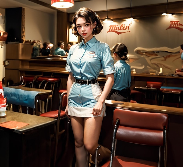 Photo une serveuse de pin-up dans un café rétro une belle fille des années 50 et 40 une belle pin-up travaille dans