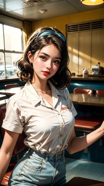 Photo une serveuse de pin-up dans un café rétro une belle fille des années 50 et 40 une belle pin-up travaille dans