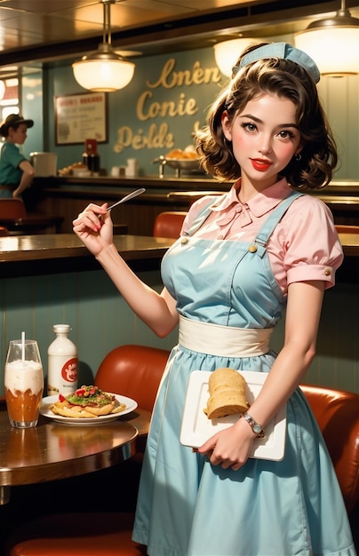 Une serveuse de pin-up dans un café rétro Une belle fille des années 50 et 40 Une belle pin-up travaille dans