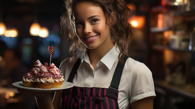 La serveuse présente un gâteau