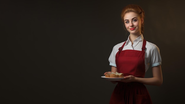 Serveuse en tablier avec café sur fond uni avec une place pour l'inscription