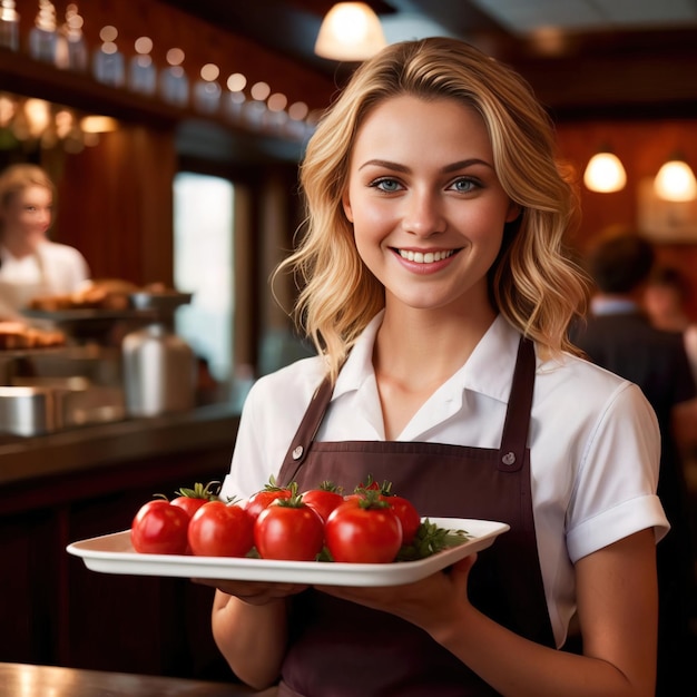 La serveuse tient le plateau et sourit.