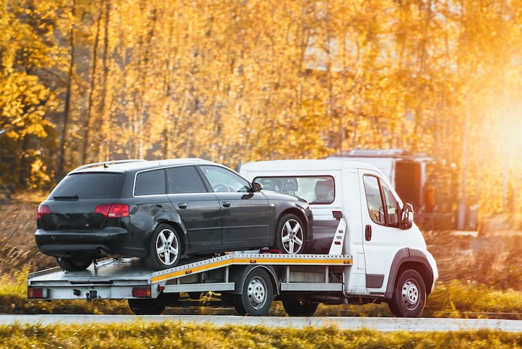 Photo un service d'assistance routière sur une route de campagne un camion de remorquage transporte une voiture qui a été impliquée dans un accident de la circulation et qui a un moteur cassé