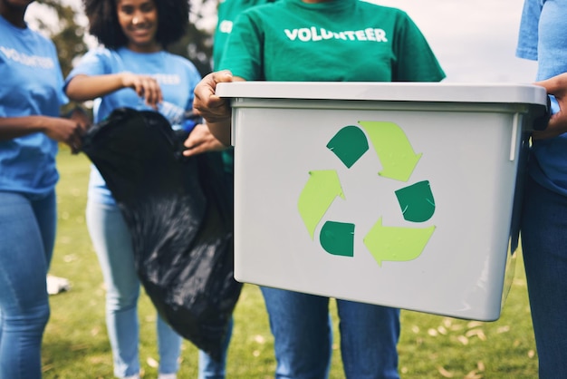 Service bénévole de corbeille et nettoyage de parc communautaire en plein air pour la durabilité Recyclage du jour de la terre et collecte des ordures des jeunes faisant un travail d'écologie verte et un travail caritatif