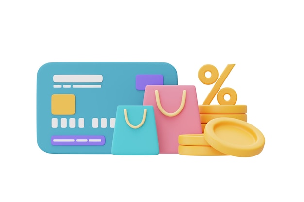 Service de cashback en ligne ou concept de paiement numérique avec cartes de crédit bleuespièces en dollars et sac à provisionsrendu 3d