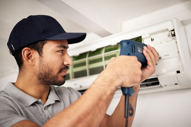 Photo service de climatisation d'entretien et homme avec perceuse travaillant sur le filtre de ventilation ou la réparation de la climatisation entrepreneur bricoleur ou expert en machine de climatisation électrique résolution de problèmes de nettoyage de la poussière et des outils