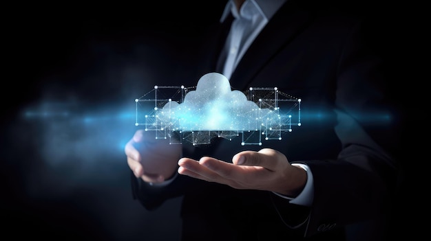 Service cloud sur la main de l'homme d'affaires ou concept de service de cloud computing avec la technologie IA générative