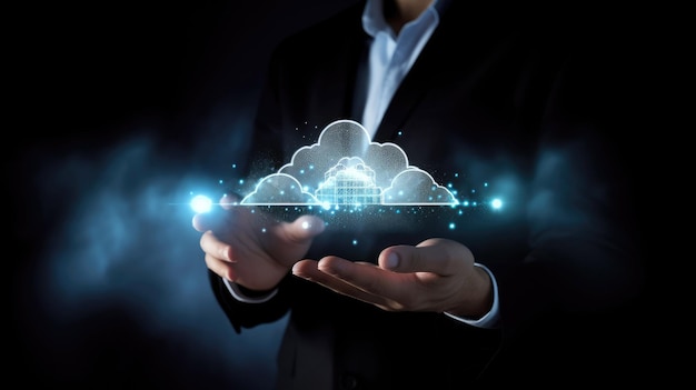 Service cloud sur la main de l'homme d'affaires ou concept de service de cloud computing avec la technologie IA générative