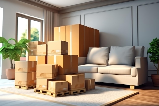 Service de déménagement à domicile avec transport de meubles en boîte, illustration de la livraison de meubles