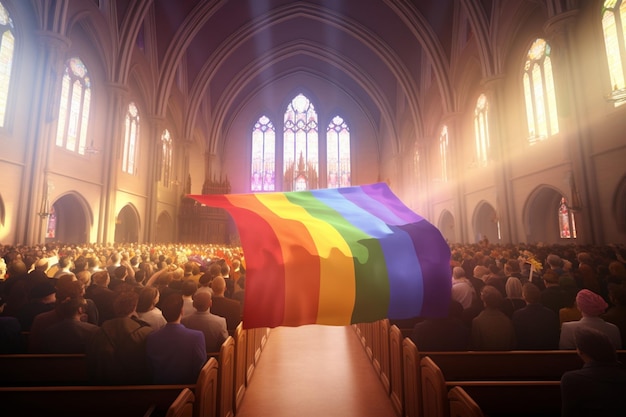 Service ecclésiastique inclusif avec un drapeau arc-en-ciel Génératif ai