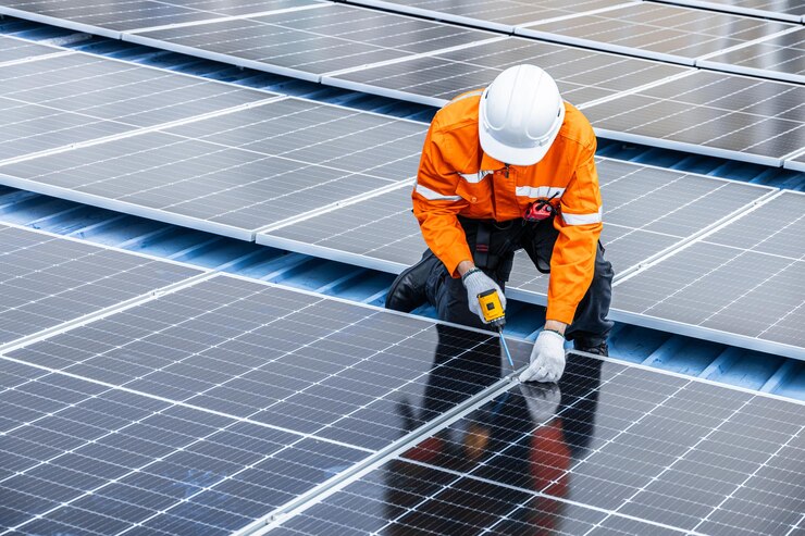 Service d'ingénieur professionnel de panneau solaire Travailleur de maintenance de nettoyage Remplacement de panneaux solaires Système de panneaus photovoltaïques solaires sur le toit de l'industrie Économie d'énergie avec une énergie propre