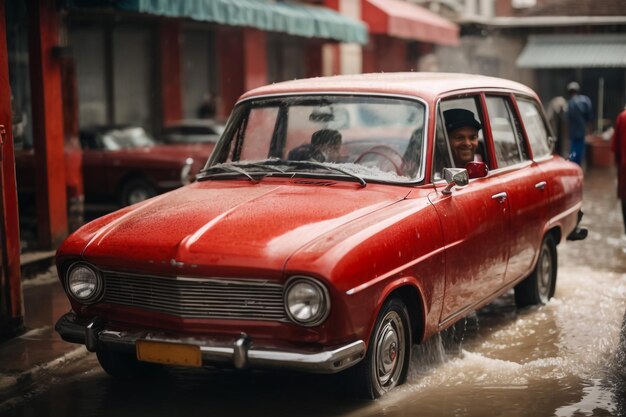 Service de lavage de voitures Un homme drôle en uniforme lave une voiture rouge avec du savon et de l'eau