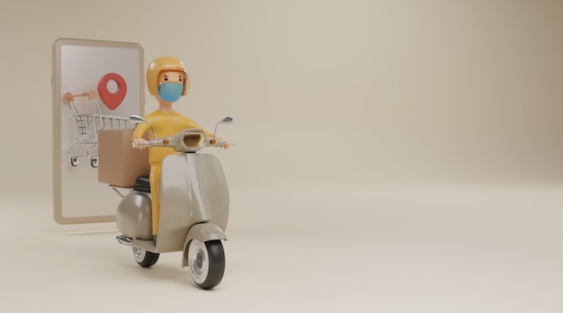 Service de livraison en ligne par scooter avec concept de masques. Rendu 3D.