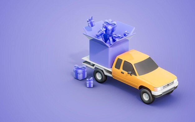 service de livraison de produits transport de courrier avec camion de fret et boîte-cadeau concept de rendu 3d