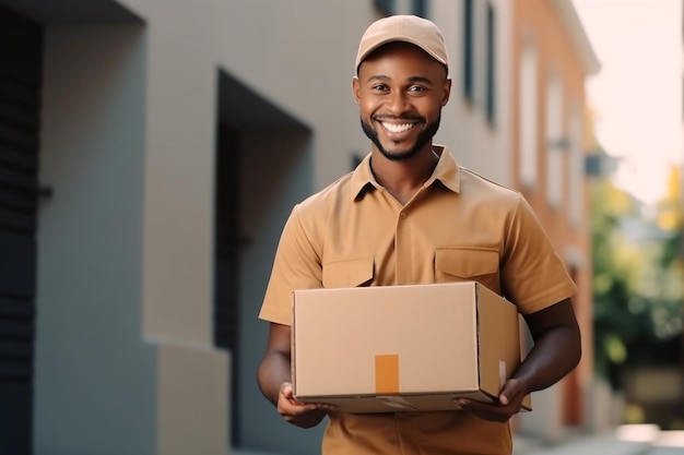 Photo service de messagerie de livraison homme de livraison avec une casquette brune et un uniforme tenant une boîte en carton qui livre